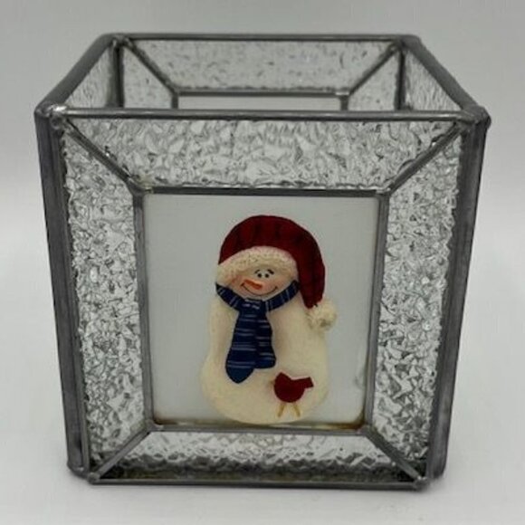 Santa's Workbench Stained Glass Christmas Holiday Candle Holder - SNOWMAN - 4" H - Picture 1 of 6